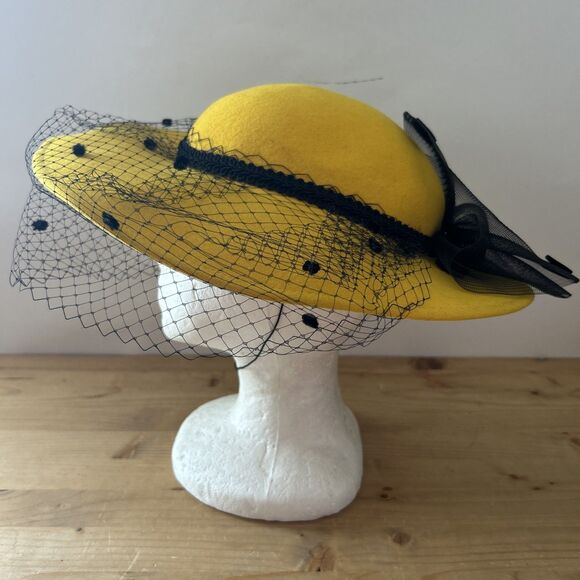 WPL 3484 Accessories - Vtg Fashion Hat WPL 4384 Yellow Wool Felt w Black Mesh w Polka Dots 53 cm
